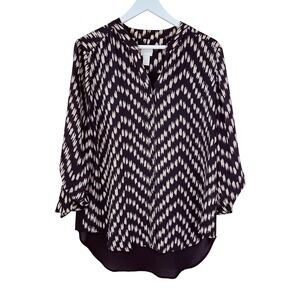 Chicos Womens Size L V Neck Long Sleeve Blouse Black‎ Beige Ikat Print